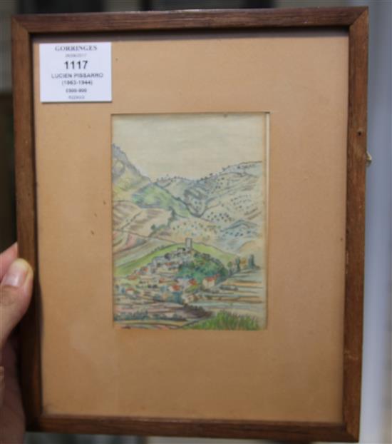 § Lucien Pissarro (1863-1944) French hill top town 4.75 x 3.5in.